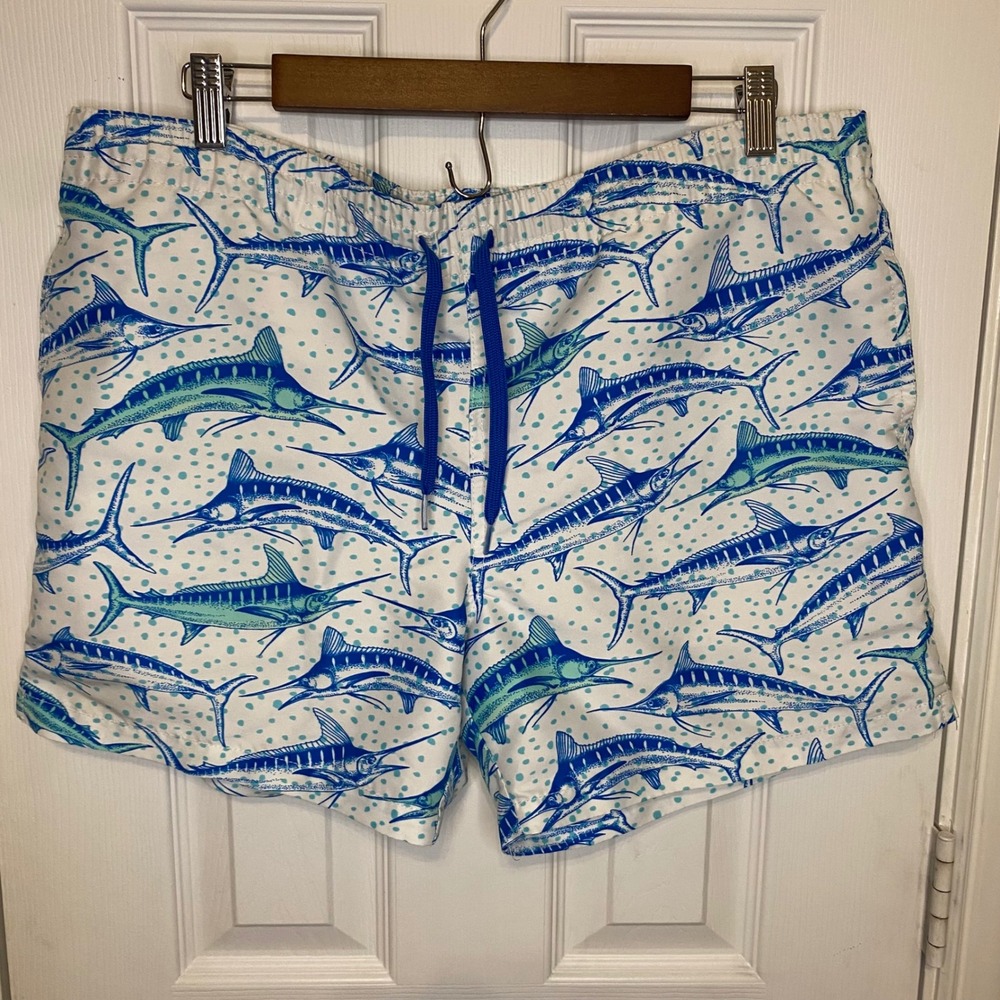 Chubbies Mens Swim Trunks Blue Marlin Fish Polka Dot Print Mesh Lined Medium